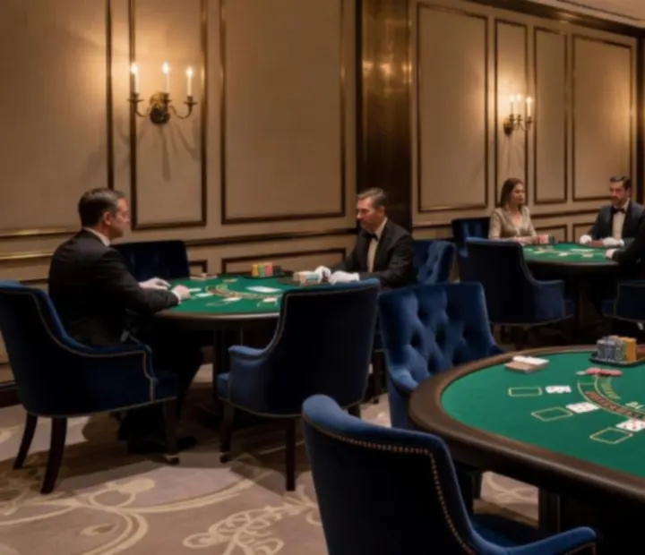 Warmly lit blackjack room with elegant tables at Dish Corneer