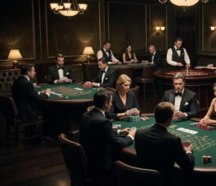 Elegant casino card lounge with poker tables and warm evening lighting.