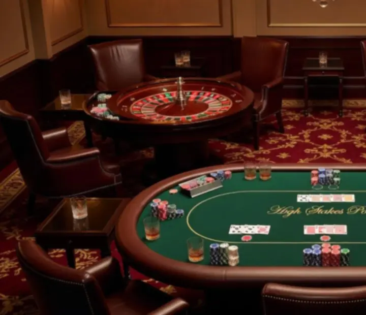 Elegant card lounge with poker tables, roulette and blackjack table