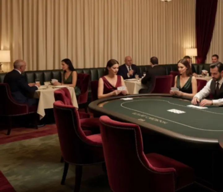 Warmly lit cardroom lounge with poker and dining tables at Dish Corneer