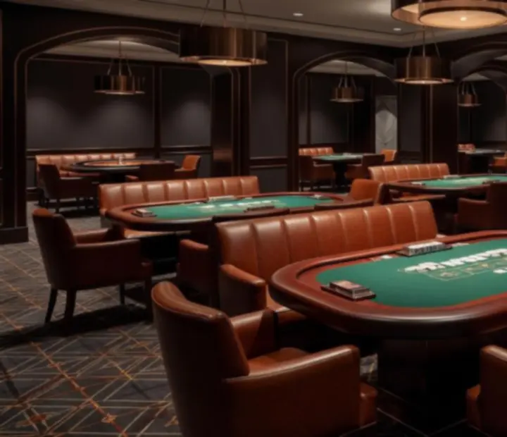 Elegant casino card room with poker tables and warm bronze lighting