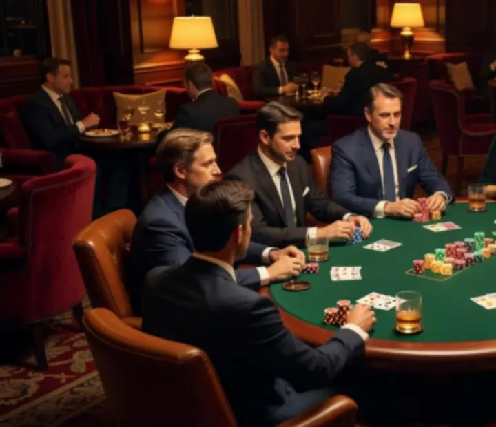 Evening casino lounge at Dish Corneer with drinks on the table and softly lit poker and roulette areas.