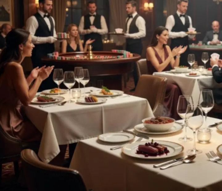 Warm evening view of Dish Corneer casino restaurant with elegant dining tables next to a softly lit card room.