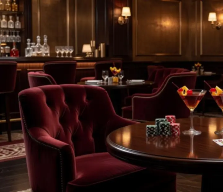 Cocktails served in a softly lit casino restaurant cardroom in the evening
