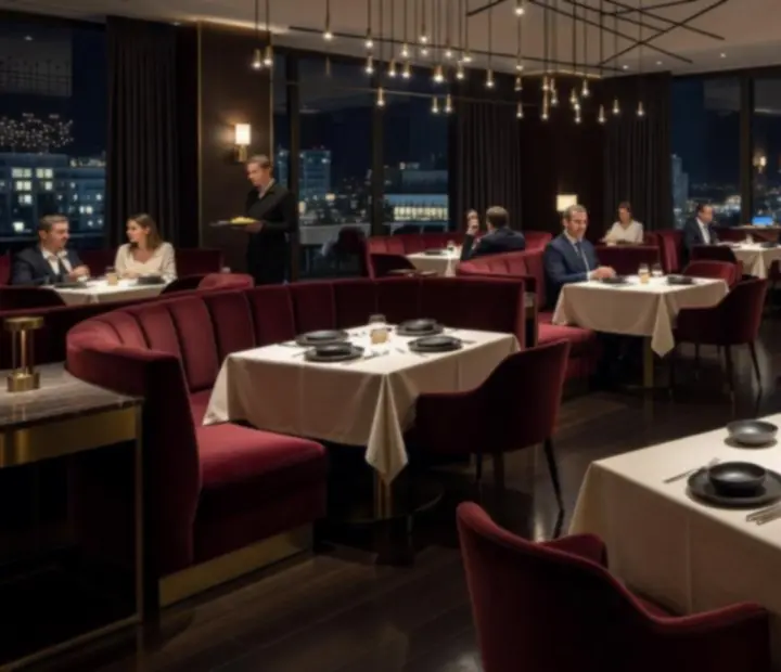 Spacious dining room with deep burgundy banquettes, ivory linens and softly lit tables