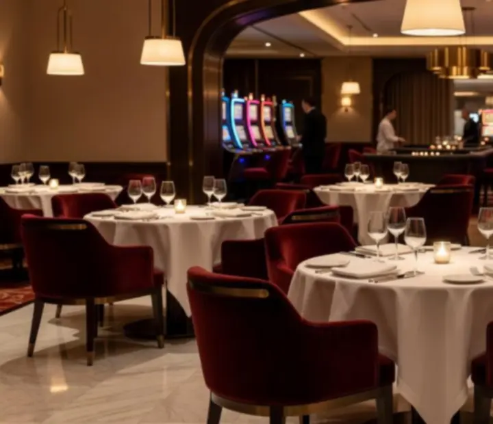 Warmly lit restaurant dining room with linen tones and bronze accents inside a casino setting.
