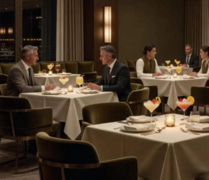 Warm evening bar at Dish Corneer with softly lit bottles, linen-toned walls and a glimpse of the casino lounge beyond.