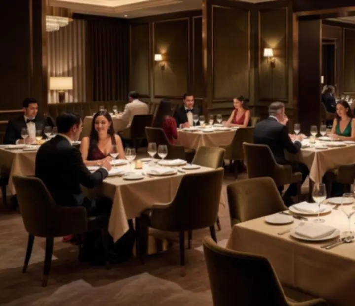 Warm evening dining room that opens toward an elegant casino lounge