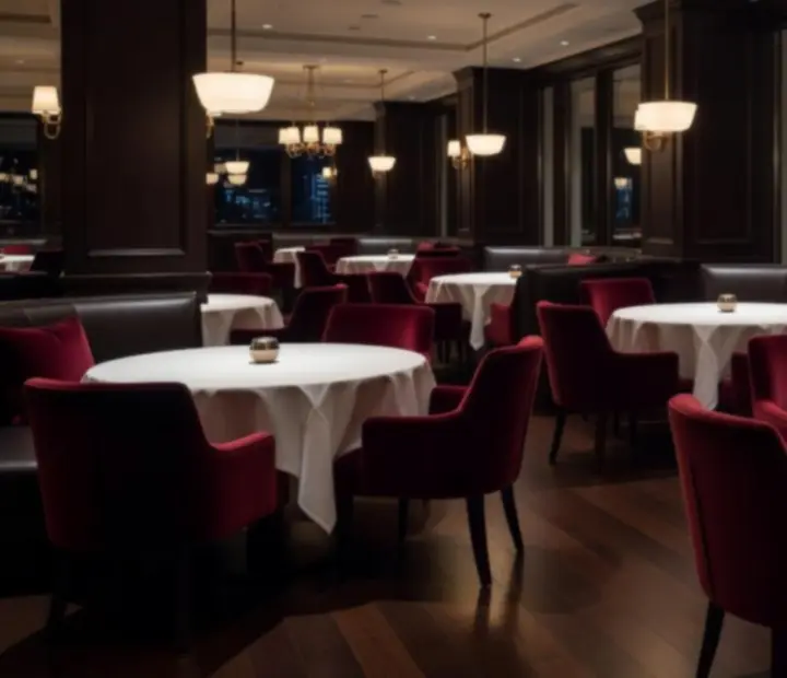 Evening restaurant interior with warm lighting and elegant seating beside a casino lounge