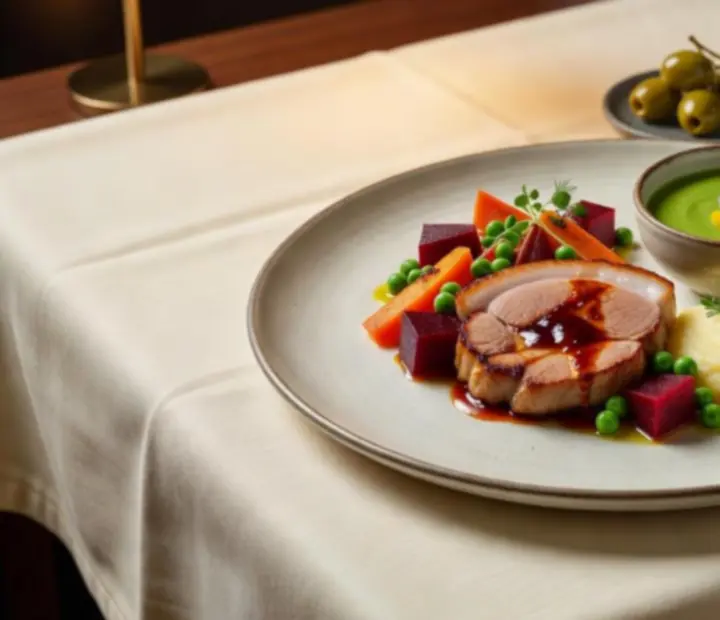 Contemporary Hungarian dishes beautifully plated on linen-clad tables