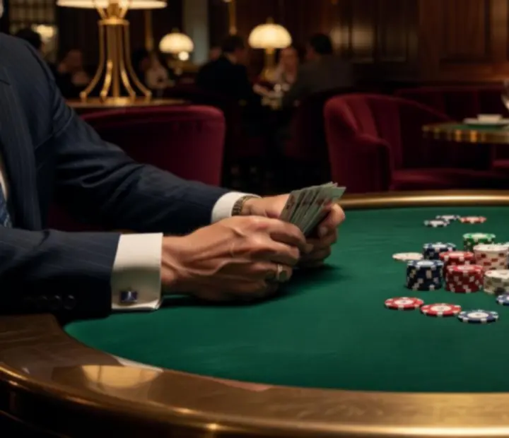 Hands holding poker cards and chips on a felt poker table.