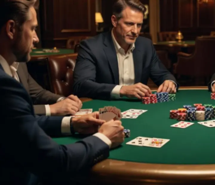 Poker table with cards and chips in a softly lit casino restaurant cardroom