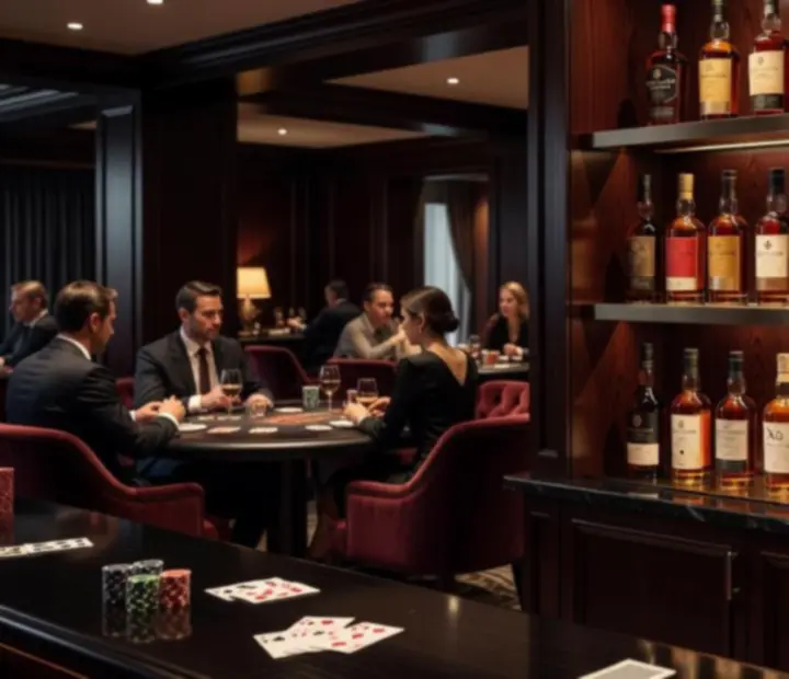 Premium whisky and spirits displayed behind the brushed bronze bar.
