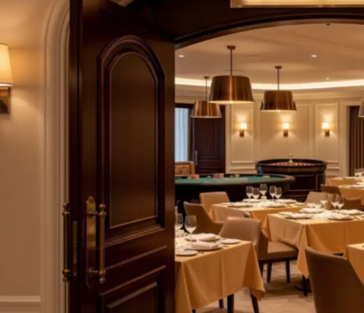 Elegant Hungarian restaurant interior beside an intimate casino card lounge