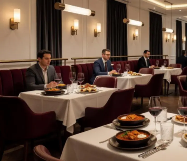 Warm linen-toned restaurant interior opening onto a refined casino lounge