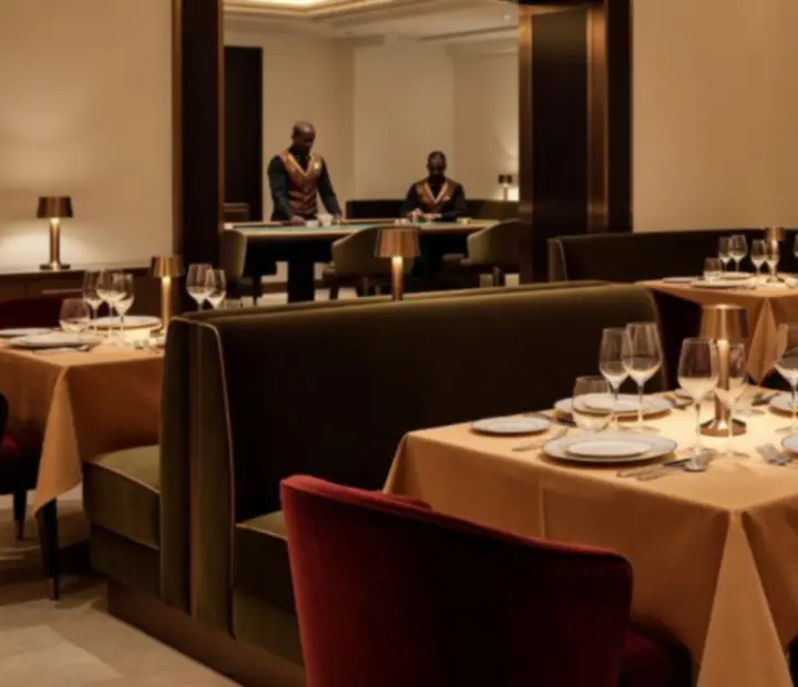 Warmly lit restaurant interior at Dish Corneer with linen tones, bronze accents and a glimpse of the casino lounge