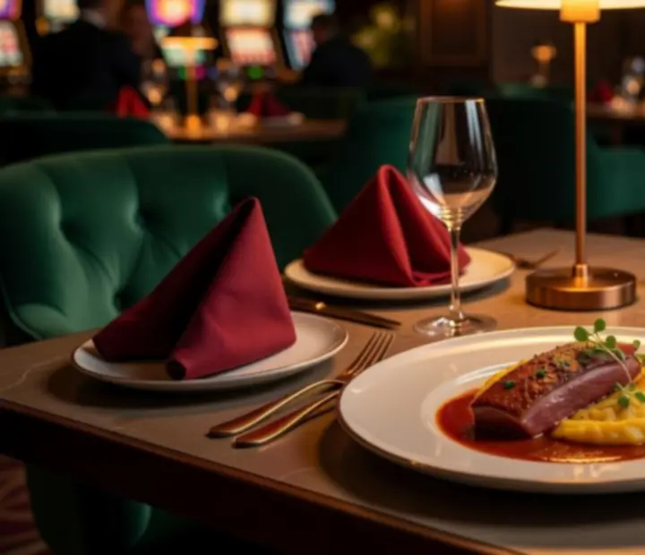 An elegantly plated Hungarian-inspired dish in a softly lit casino restaurant