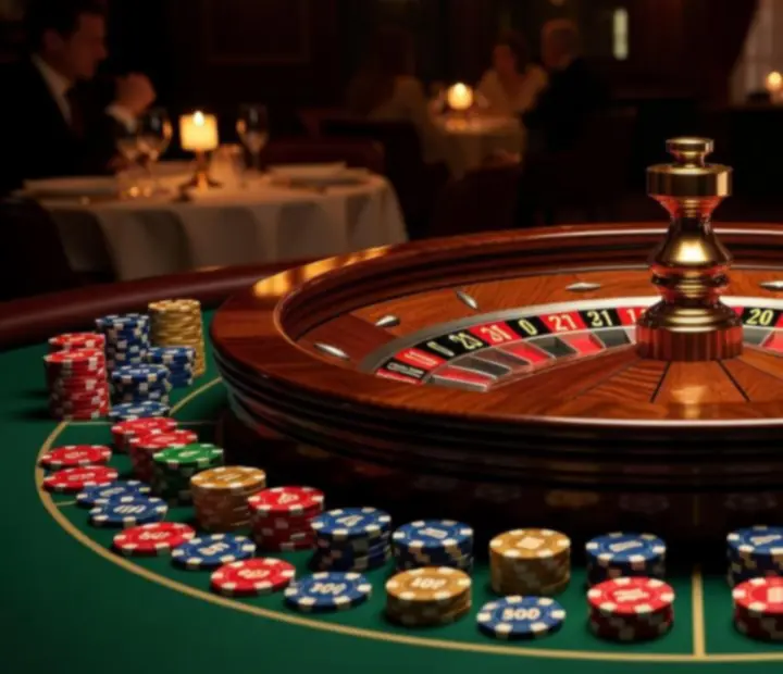 Close-up of roulette wheel and neatly stacked chips at Dish Corneer