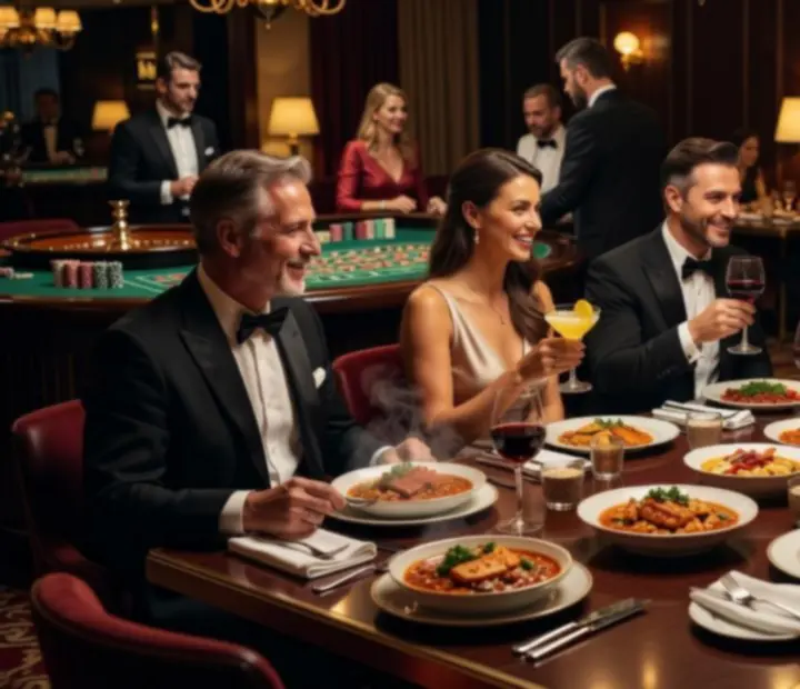Evening scene showing diners and a roulette table within the Dish Corneer casino restaurant