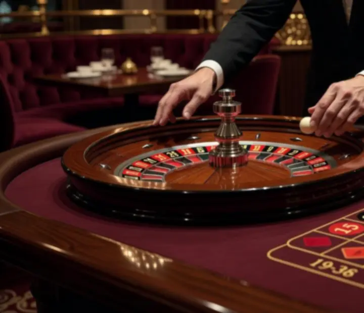 Close-up of a roulette table with wheel and layout under warm evening lighting