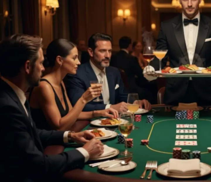 Server placing a dish at a poker table in a refined casino lounge