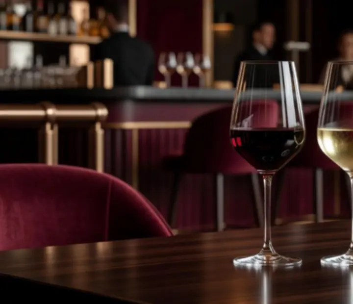 Wine glasses and drinks on a burgundy-toned restaurant table
